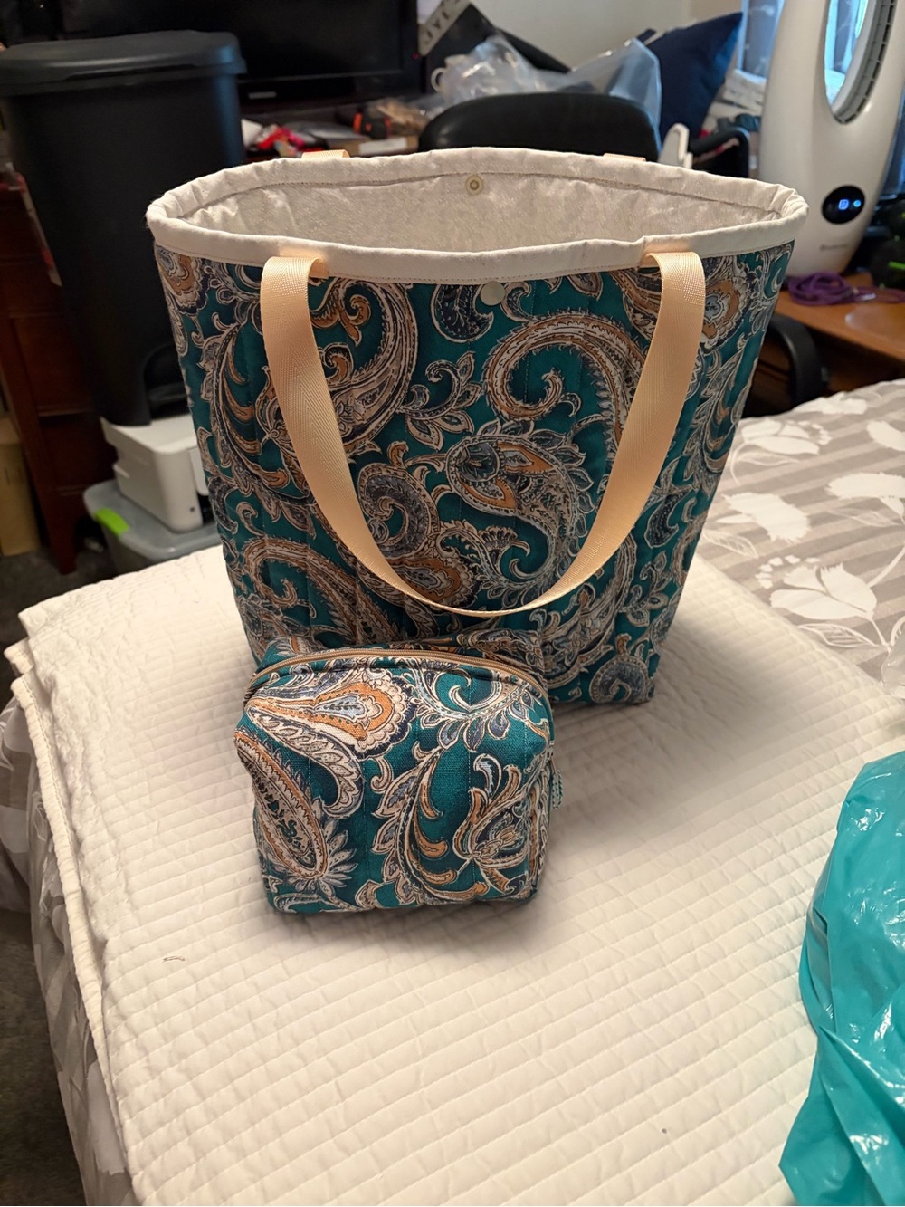 Teal Paisley Tote Bag with Matching Pouch - Neutral Strap